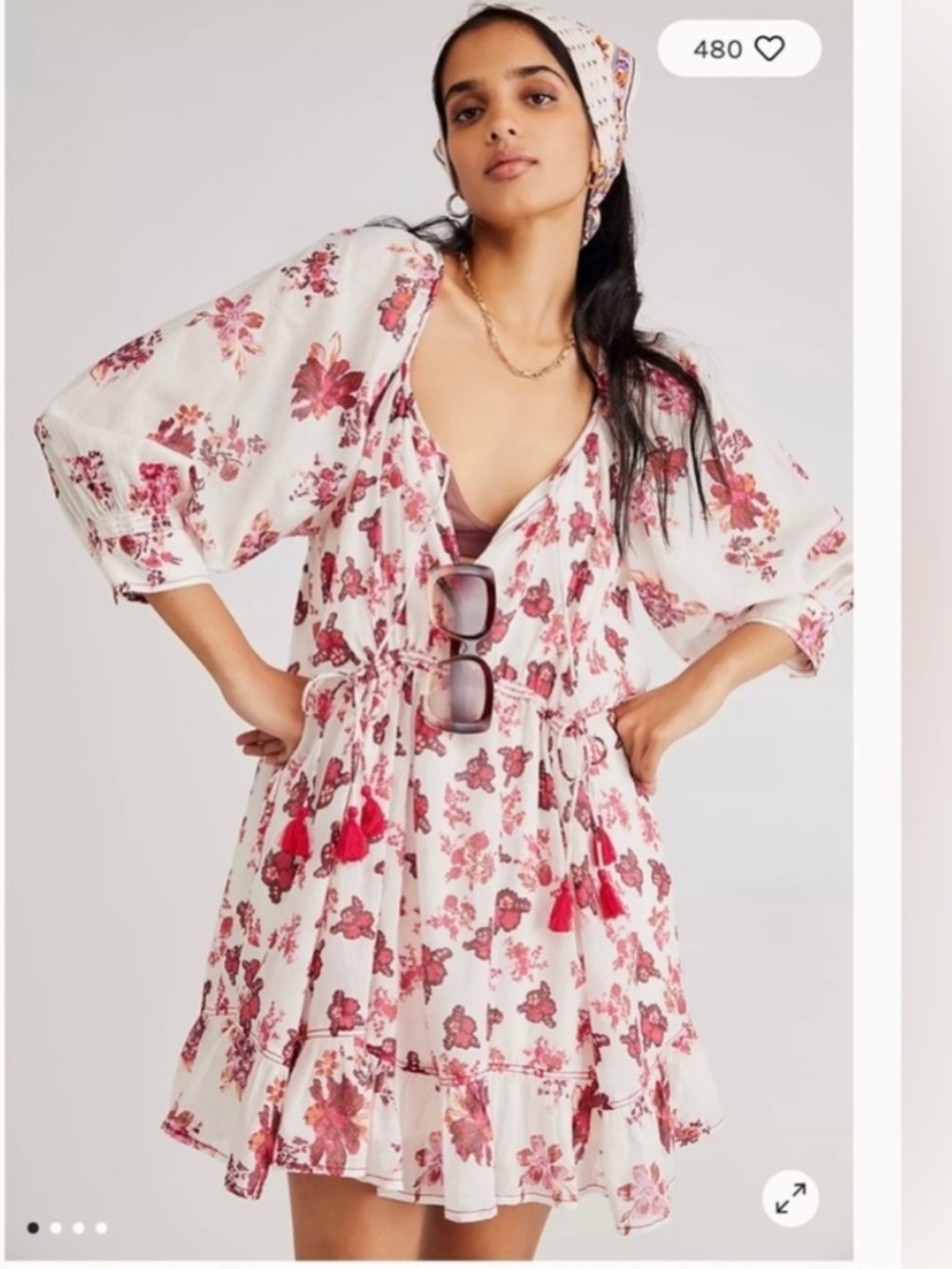 Free People Camilla Boho Floral Mini Dress in White and Pink